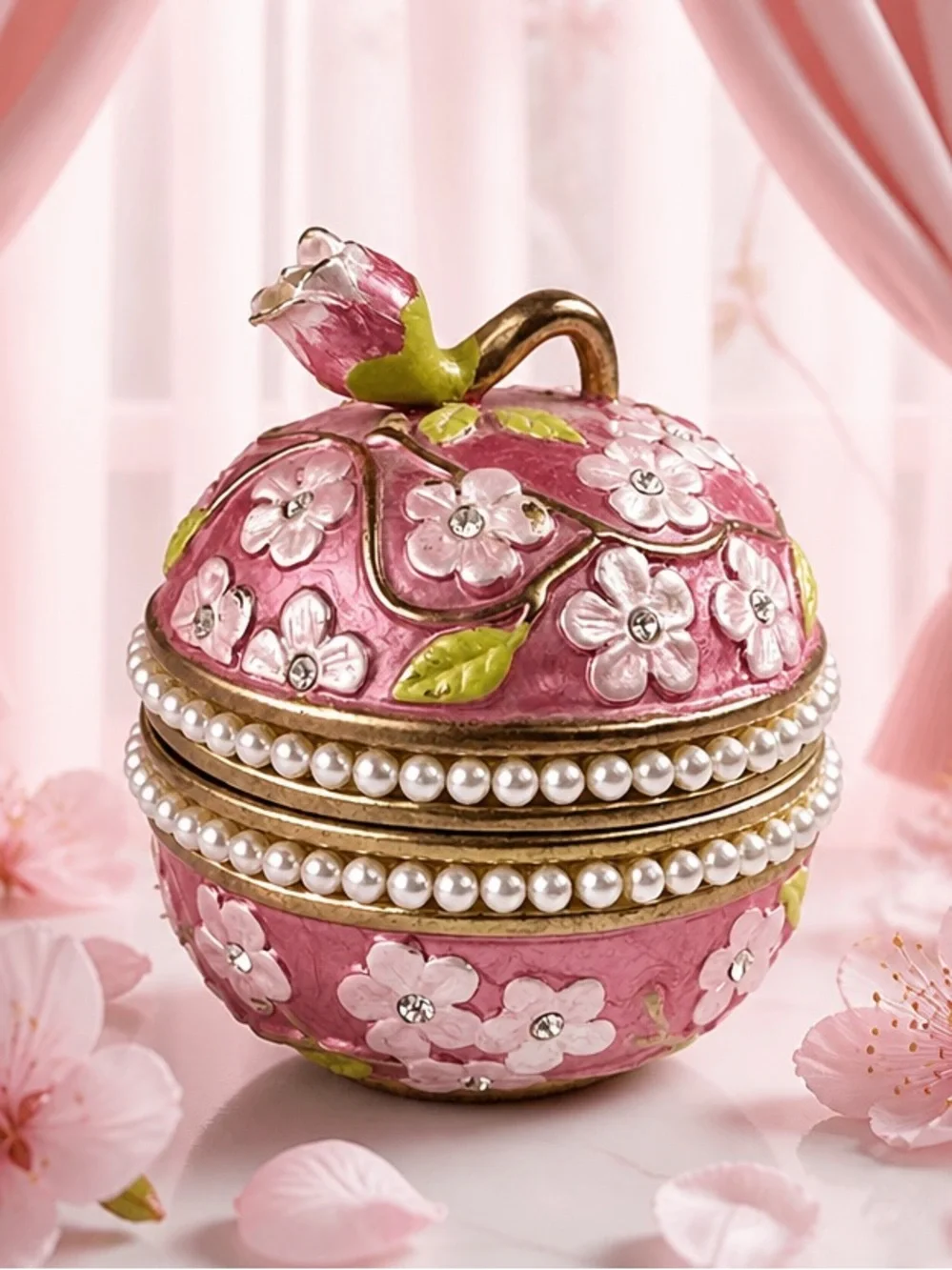 Vintage Rucinni Enamel Pink Apple Blossom Trinket Box With Swarovski Crystals